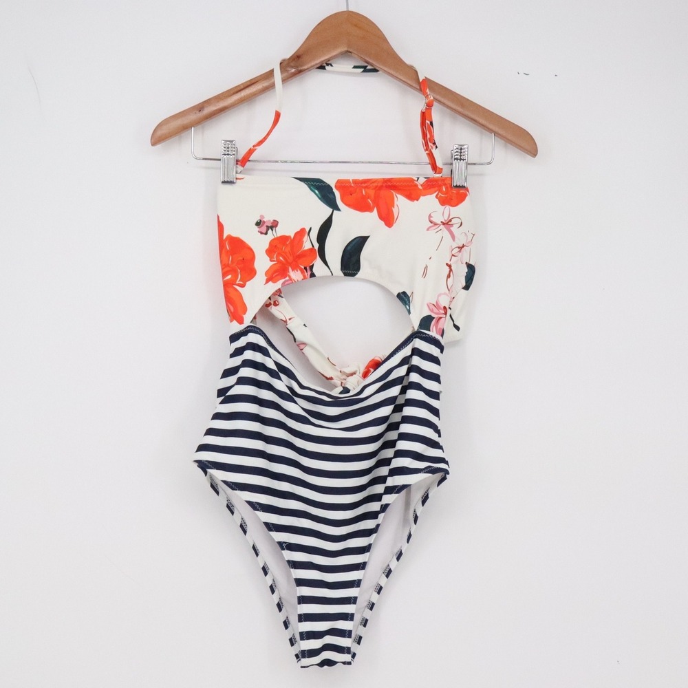 Cupshe One Piece Swimsuit Womens M Floral Striped Cutout